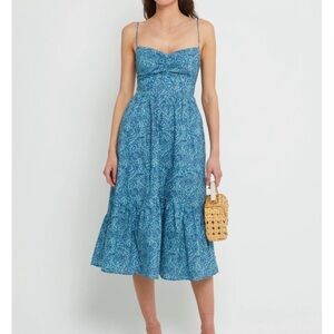 O.P.T Momo Dress Blue Floral Midi Sundress Smocked Adjustable Straps Sz XS